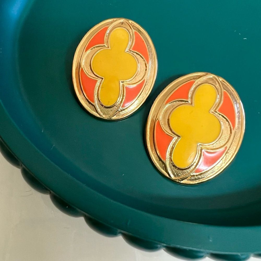 Huge Mod 1960s Vintage Bright Orange Yellow Enamel Clip On Metal Estate Earrings